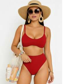 Half-Cup Bikini With Padded Cups, High-Waisted Bottoms, Ribbed Textured Hotpants, High Waistband, Double String, Comfortable, Casual, Elegant, Sensual, Boho Style. Features Include: Asymmetrical Tie Detail, Bare Back, Back Knot Detail, Braided Detail, Padded, Textured, 2-In-1 Design, Double Waistband, High Cut. Suitable For: Beachwear, Pool, Lake, Reservoir, Country House, Farm, Waterfall, Park, Water Park. (Note: The Last Line Appears To Be A List Of Unrelated Keywords And Doesn't Translate Directly. It's Likely A Placeholder Or Error.) - 紅色 - 查看 7
