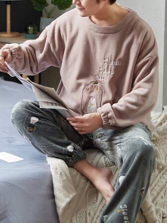 2 piezas Conjunto de pijama de franela para hombres, traje de ropa de dormir para otoño/invierno