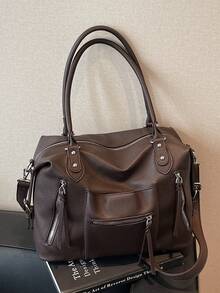 Bolsa feminina vintage de ombro grande, versátil e moderna, em PU, ideal para o trabalho e deslocamentos diários. - Café - Ver 4