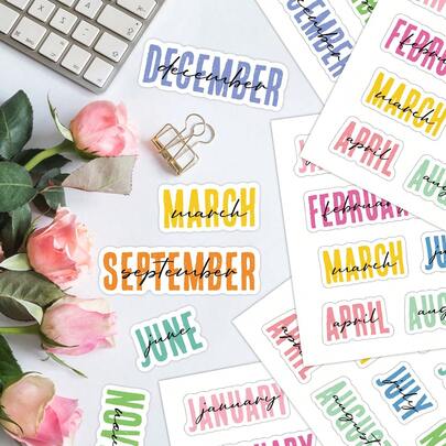 60pcs/5sheets Monthly Planning Stickers - Creative Log Sticker Aesthetic Month Labels For Calendar, Scrapbooking, Journaling, Planners, Colorful 12 Months Decorative Stickers