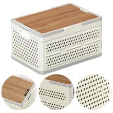 Insulated Picnic BasketFoldable Picnic Basket Grocery Basket Portable Grocery Box With Wooden Lid For Indoor Dirty Clothes Storage Box Outdoor Family Hiking And Shopping - As Pic - View 3