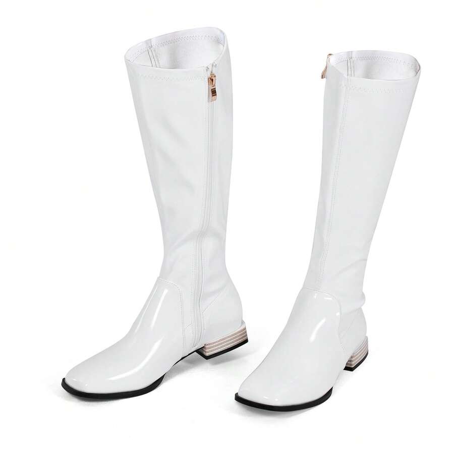 Women Knee High Boots Comfy Flat Heel Vintage Square Toe Fall Winter Solid Side Zipper Boots - trắng - Xem 1
