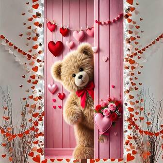 【派对门饰套装】1件，情人节快乐横幅门饰套装，情人节门饰，“偷偷爱你的心”可爱小熊偷偷看情人节门饰套装，情人节派对情人节门饰