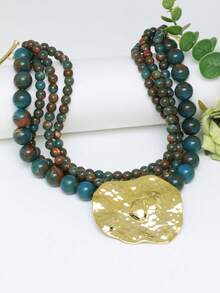 多层串珠项链，带有复古锤纹金色吊饰，适合日常、派对和节日佩戴 - 彩色 - 查看 15