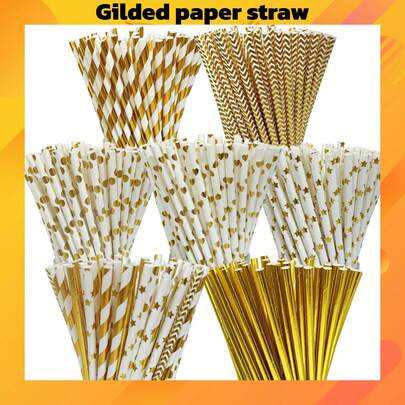 100pcs Gold Foil Paper Straws - Fashionable And Durable Metallic Material, Suitable For Cake, Dessert Decoration And Craft Making, Ideal For Party, Birthday, Holiday Decoration, Valentine's Day, Eid Al-Fitr, New Year Straw Supplies