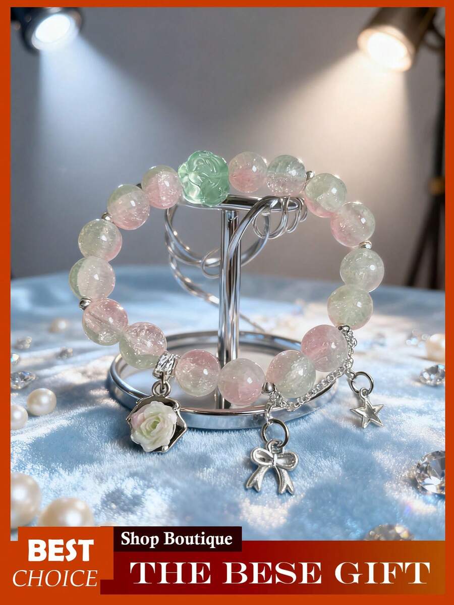Crystal Beaded Bracelet For Women, Glass & Synthetic Crystal Bracelet, Elegant Adjustable Stretch Bracelet With  Flower Beads, Dainty Bohemian Beaded Jewelry Gift - 彩色 - 查看 1