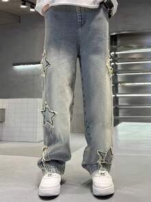 Teen Boy Straight Leg Distressed Denim Jeans, Fashionable Pentagram Flared Pants - Light Wash - View 2