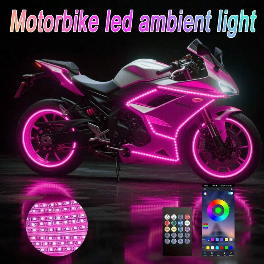 6-In-1 Motorcycle Modification Decoration Kit, 12V Hard Wiring Installation, RGB Music Synchronization Mode Cool Atmosphere Effect, Holiday Party Atmosphere Decoration Supplies, Dedicated To Cool Motorcycles, Wireless APP/Remote Control. - tow 6 LED light - 查看 1