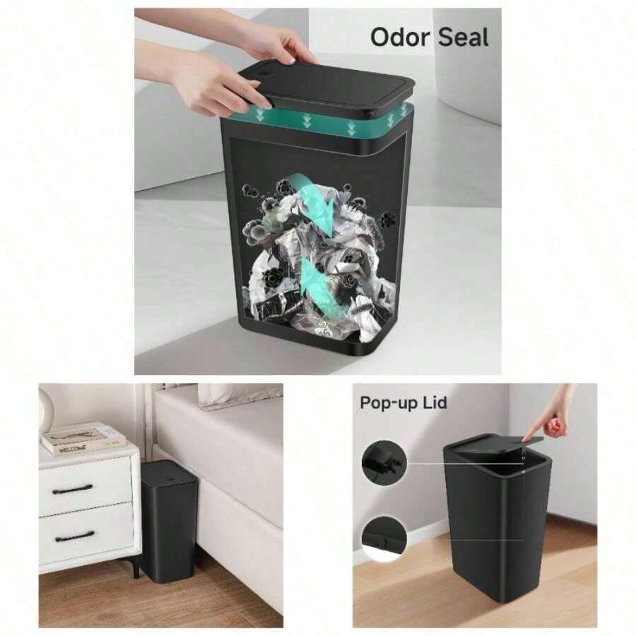- cubeta de basura de bao con tapa, 4 galones/ 15 litros, cubeta de basura pequeo a presin, papelera de plstico con tapa desplegable para recmara, sala de estar, oficina negro - negro + 1 - Ver 1