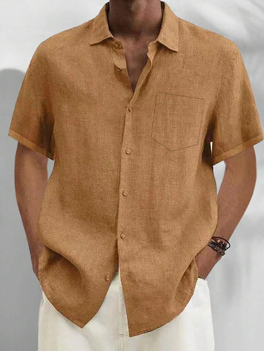 Camisa casual básica para hombre talla grande, holgada, ligera, de manga corta con botones - Amarillo Mostaza - Ver 1