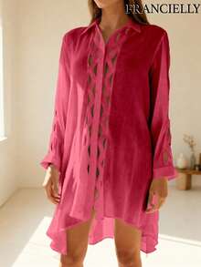 Saída de praia feminina evasê, modelo vazado rosa com recortes, leve e estilosa, tamanho único 38-42