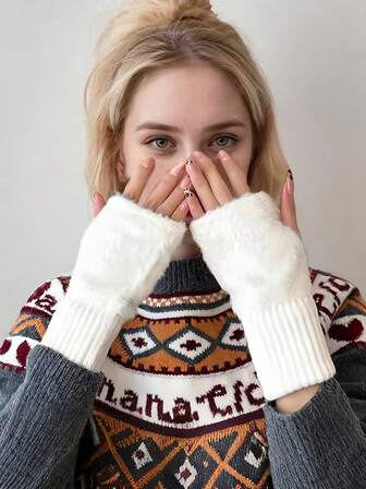 1 par damfleece enfärgade isolerade fingerlösa handskar för höst och vinter fleece stickad handledsskydd mångsidiga kontorsstudenter skrivande elastiska garnhandskar