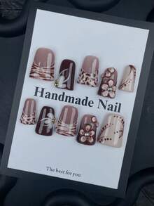 10pcs Brown Nails Duck Nails Short Nails French Tips Acrylic Press On Nails Kit With 3D Flowers Decoration Line Art Cute Glossy Zebra Stripe Fake Nails Leopard Print False Nails Art Design Nail Supplies For Women And Girls - Brown - View 5