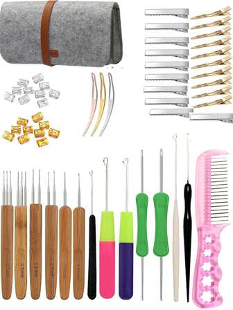 58件套多尺寸钩针套装，适用于编发和脏辫，20件不锈钢脏辫钩针，美发造型工具