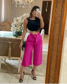Pantacourt Viscose Linen / Capri Pants / With Belt, Pocket, Summer. - Hot Pink - View 3
