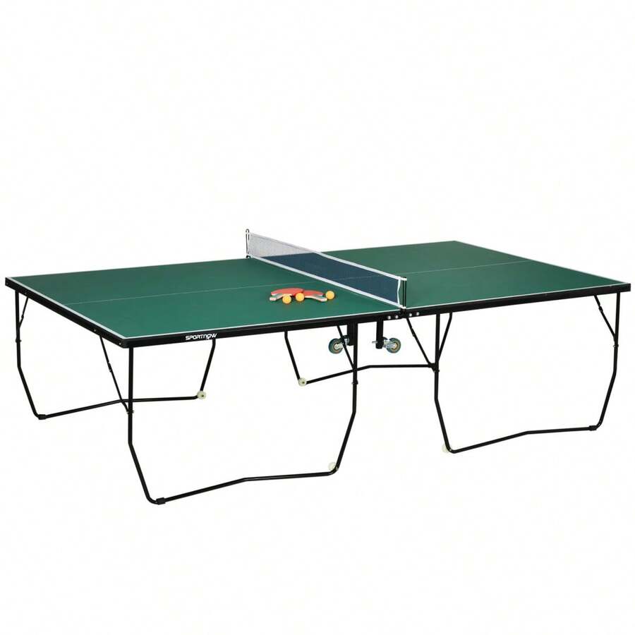 SPORTNOW Indoor Table Tennis Table With Wheels, Folding Table Tennis Table, Table Tennis Set With 2 Table Tennis Rackets, 3 Balls, Steel, Green