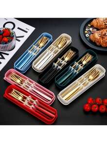 Elegant Green & Gold Reusable Cutlery Set With Case - Portable Utensils For On - The - Go Dining & Kitchen Organization - màu xanh lá - Xem 6