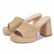 Women's Raffia Wedge Sandals With Chunky Platform Heel, Slide-On Open Toe High Heels For Summer, Great For Casual, Beach, And Everyday Wear Lightweight Design - Màu sắc tự nhiên - Xem 5