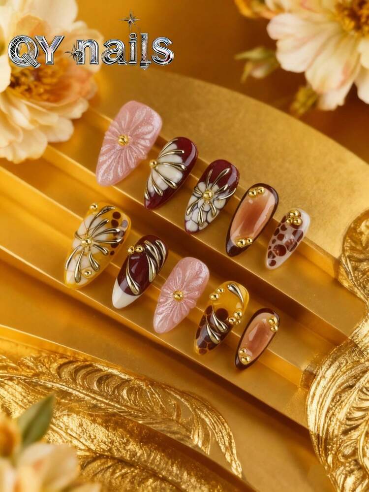 10片/套杏仁形美甲贴纸，时尚美甲，冬季美甲，酷炫风格，薄荷绿美甲贴纸，可移除，适合派对、舞蹈、日常佩戴、学生聚会、上班族角色扮演，可重复使用的按压式设计，包含果冻胶和指甲锉配件 - 金色 - 查看 10