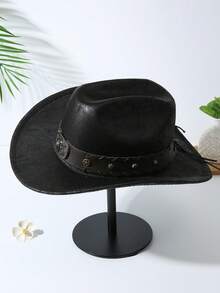 1pc Unisex Unisex Cattle Head & Belt Decor Handmade PU Cowgirl Hat Panama Hat Wide Brim Ridge Cowboy Hat Western Suitable Soft Felt Hat Fedora Hat - màu đen - Xem 1