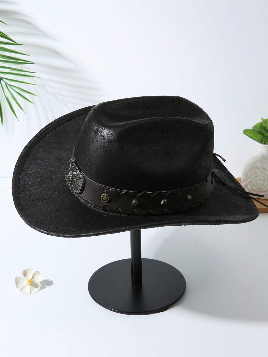 1pc Unisex Unisex Cattle Head & Belt Decor Handmade PU Cowgirl Hat Panama Hat Wide Brim Ridge Cowboy Hat Western Suitable Soft Felt Hat Fedora Hat - màu đen - Xem 1