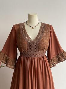Rusttydustty Vestido bohemio de encaje con parches, cuello en V y mangas medianas, estilo vintage elegante, adecuado para uso casual, vacaciones, Año Nuevo, Día de San Valentín y otras ocasiones - Marrón - Ver 5