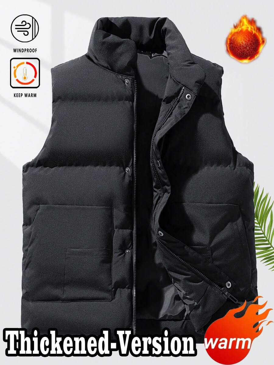 Colete masculino casual de gola alta com zíper frontal e cor sólida - Preto - Ver 1