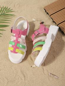 1 par de sandalias con suela gruesa para mujer, decoración de rayas de contraste de colores, cuero patente y cuero sintético, antideslizante, correa con hebilla de punta abierta, tacón de cuña, estilo retro dulce y picante, adecuado para playa y uso diario en verano - Multicolor - Ver 5