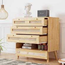 Classic Chest Of Drawers, 3-Drawer Cabinet, With Rattan Top, With Hinged Bottom Lid, With Gold Metal Handle And Wooden Legs, Storage Space In The Living Room And Bedroom, Chipboard - Khaki - View 4