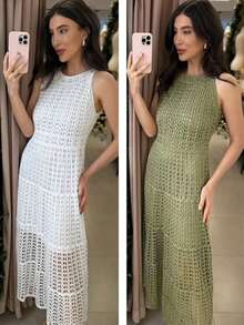 Olive Green Crochet Long Dress – Elegant, Feminine And Timeless - 橄欖綠 - 查看 8