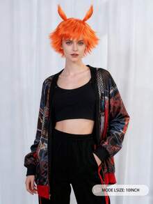 Short Orange Synthetic Straight Bangs Wig With Plush Horn Hair Hoop Men Women, Halloween Party Costumes, Christmas Gatherings, Anime Cosplay, Birthday Celebrations, Shows & Themed Events, Soft & Breathable Wig For Daily Fashion & Festival Use​, Stylish & Easy-Care & Durable & Easy To Style & Comfortable To Wear​, Ideal Choice For Gifts, Stage Props Decors - Multicolor - View 2