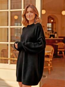 1pc Loose Solid Ribbed Knit Pullover Sweater Dress, Casual Everyday Wear, Autumn/Winter - Black - View 3