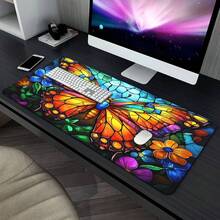 1pc Extra Large Stained Glass Butterfly Gaming Desk Mat & Mouse Pad - Gothic/Vibrant Mosaic PC Computer Surface With Anti-Slip Rubber Base, Locked Edges, Multicolor Stained Glass Design For Office & PC/Laptop Workstations (Butterfly - 35.4x15.7吋(90x40公分) - 查看 3