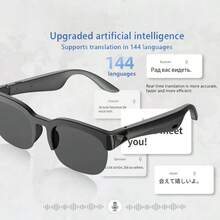 Smart Glasses with AI Translator, Bluetooth Glasses with 150 Translation, Smart Sunglasses for Men & Woman,120H Ultra-Long Standby, UV Protection, IPX5 Waterproof, Hands-Free Music & Calls - Negro - Ver 2