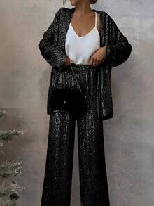 女士阔腿裤，优雅闪亮亮片高腰宽松长裤，适合俱乐部派对 - 黑色 - 查看 2
