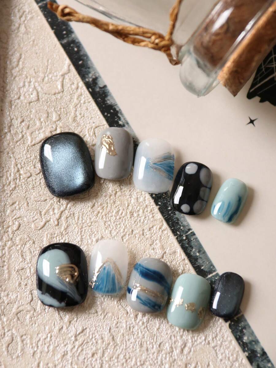 10pcs Acrylic Press On Nails Blue Cat Eyes Black Nails Halation Golden Nails Press On Nail Supplies Short Nail Fake Nails Artificial Nails Kit Includes 1sheet Adhesive Tabs &1 Pc Mini File - Multicolor - View 1