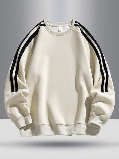 Teens' Fashionable High Street Contrast Color Striped Cuff & Hem Casual Pullover Sweatshirt For Outdoor, Spring/Autumn