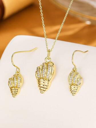 一套波西米亚风格铜镶嵌锆石仿莫桑石海洋生物系列贝壳、海螺、海马、海星耳环和项链