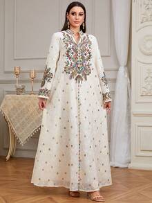 女士刺绣长袖卡夫坦长袍，梭织面料，V领，常规袖长，阿巴雅细节设计，贾拉比亚风格连衣裙 - 杏色 - 查看 8