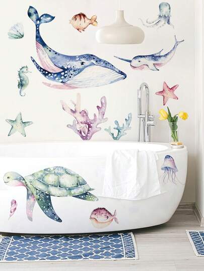 1 st/3 st PVC självhäftande avtagbara väggklistermärken i flera storlekar, söta katter som badar bubbel, blommor, ankungar, valar, sjöhästar, bläckfisk, tång, färgglada fiskar, sovande havssköldpaddor dekor, lämplig för sovrum, vardagsrum, arbetsrum, matsal, badrum, heminredning, rumsdekoration