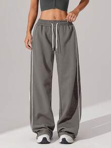 2条装女士华夫格针织面料宽松侧边撞色条纹户外徒步跑步健身室内瑜伽直筒裤，秋冬春季款 - 彩色 - 查看 6