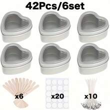 42pcs (6 Sets) Heart-Shaped Candle Tins With Clear Window Lids - Heavy-Duty Iron Metal Empty Wax-Free Containers For DIY Candle Making, Wedding Favors, Valentine's Gifts, Party Supplies, & Trinket Storage Boxes