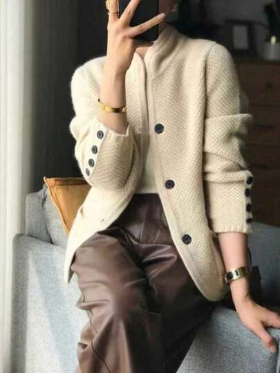 Nuevo cárdigan elegante y holgado para uso diario, chaqueta de punto de lana de oveja vintage con abertura frontal para mujeres, otoño/invierno