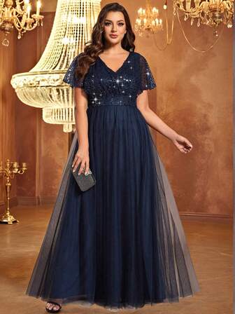 EVERPRETTY 大码亮片拼接荷叶袖网纱正式礼服优雅舞会藏蓝色晚礼服秋冬婚礼宾客晚宴礼服