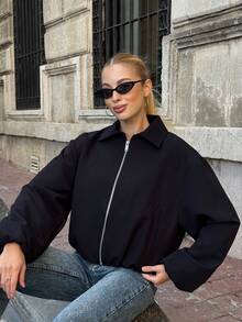 Áo khoác nữ màu đen có túi khóa kéo - Áo khoác ngoài dáng rộng, cổ bẻ, thích hợp cho mùa xuân và mùa thu. - màu đen - Xem 9