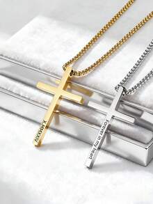 1pc Customizable Personalized Cross Pendant Necklace With Engraving - Customizable With Name/Date/Message/Phone Number, 1-4 Sides Of Text Available. Custom Necklace, Text Customization, Stainless Steel Jewelry, Personalized Necklace, Custom Gift, Jesus Christ Cross Pendant - Unisex Gift - Valentine's Day, Birthday, Anniversary, Christmas, Ramadan Gift. - Multicolor - View 5