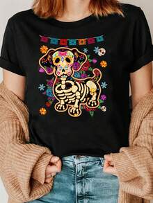 big size printed womens summer t shirt  skull dog with flowers and banners short sleeve round neck casual t shirt loose comfortable fashion high quality unisex fe - Negro - Ver 1