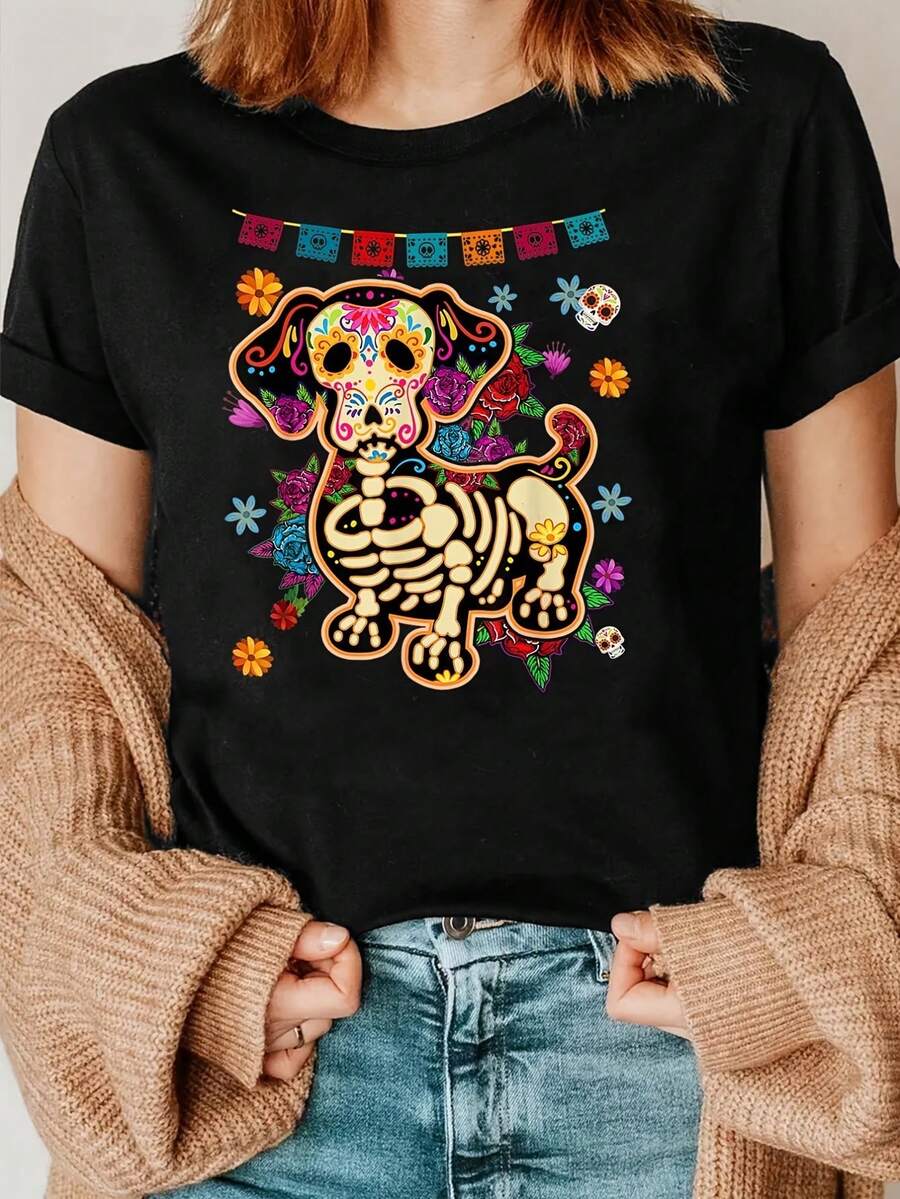 big size printed womens summer t shirt  skull dog with flowers and banners short sleeve round neck casual t shirt loose comfortable fashion high quality unisex fe - Negro - Ver 1