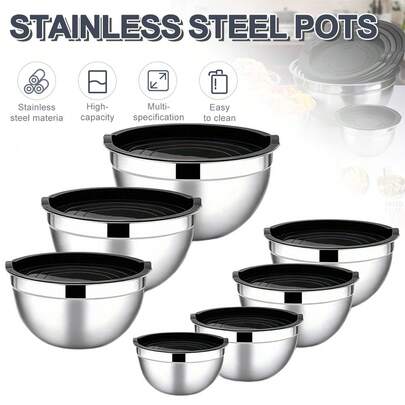 Kitchen Essentials, Baking Essentials Stainless Steel Mixing Bowls ,14pcs Christmas  FineDine Bowls Set With Lids,7pcs Mixing Bowls + 7pcs Lids, Home Kitchen Cooking Essentials Household Must Haves For Baking,  Modern Kitchenware, Sleek Kitchen Tools,Cooking Enthusiasts, Home Cookers, Mixing And Storage Food  Bowls