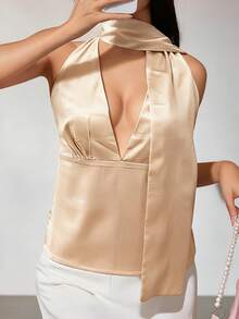 Women's Halter Neck Vest Summer Sleeveless Open Back Solid Color Satin Tank Tops - 香檳色 - 查看 5